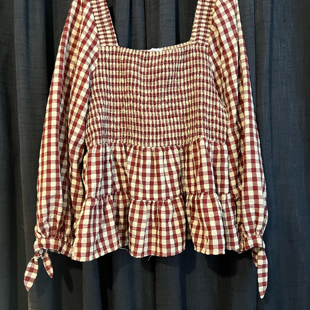 Chic Soul Red and Tan Gingham Blouse